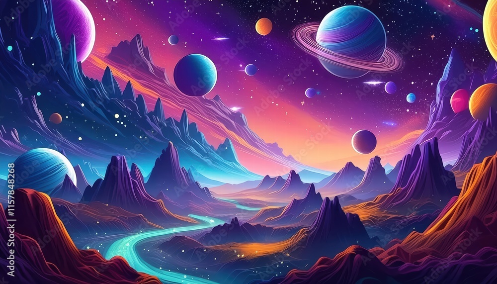 Celestial Dreams A Surreal Journey Through the Nebula An Enchanting Cosmos of Planets, Stars, and Fantastical Landscapes in Vivid Colors and Ethereal Light