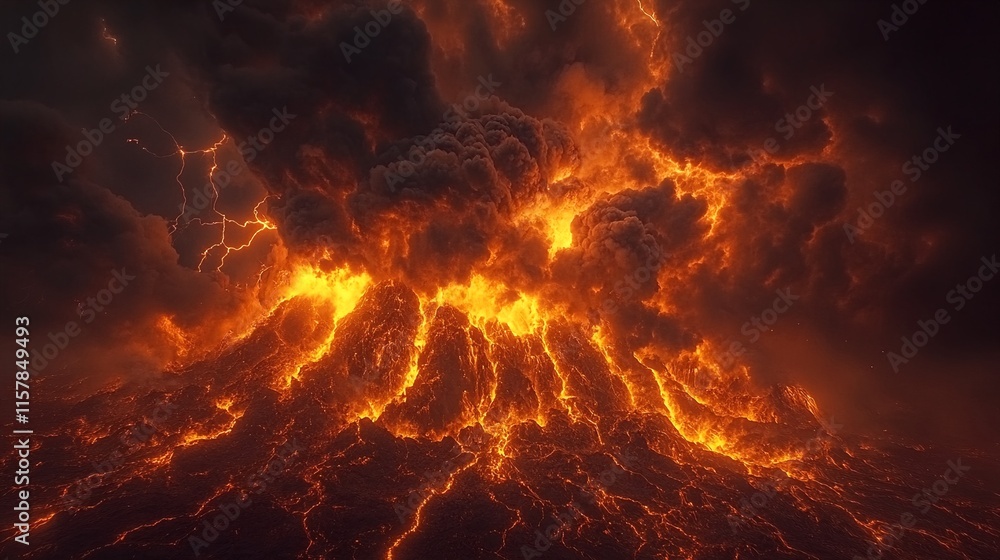 A large volcanic eruption with molten lava flowing out of the volcano. A large volcanic eruption with molten lava flowing out of the volcano.