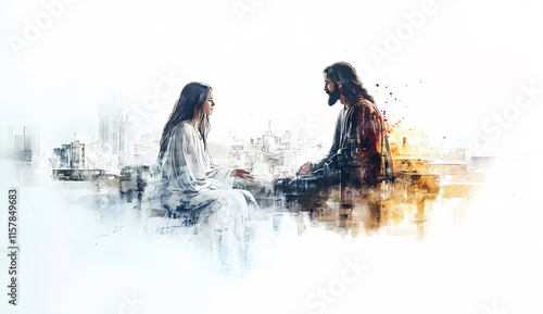 Abstract watercolor of Jesus and the woman at the well