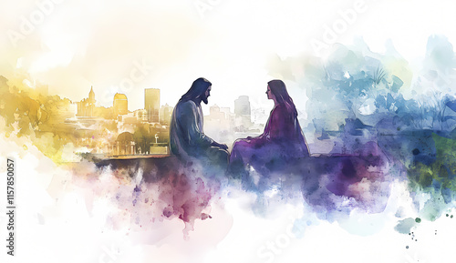 Abstract watercolor of Jesus and the woman at the well