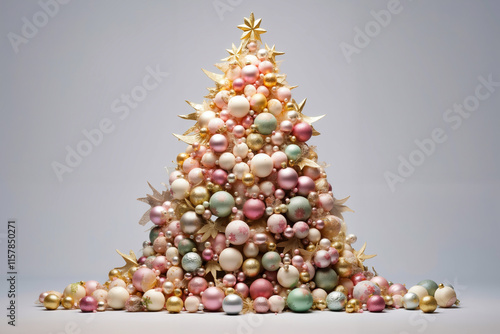 A christmas tree made out of pink and gold ornaments on a gray background photo