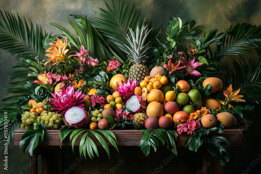 Abundant tropical fruits and flowers arranged on a dark wooden table against a textured backdrop. Abundant tropical fruits and flowers arranged on a dark wooden table against a textured backdrop.