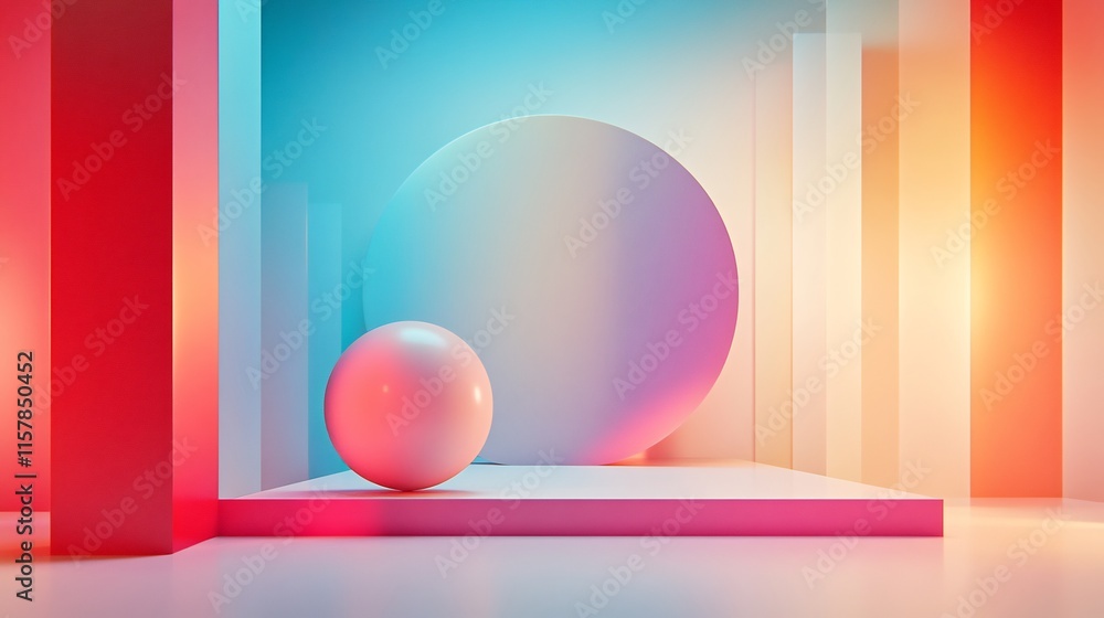 Vibrant 3D Render: Sphere and Circular Form Resting on Pastel Platform. AI Generated Vibrant 3D Render: Sphere and Circular Form Resting on Pastel Platform. AI Generated