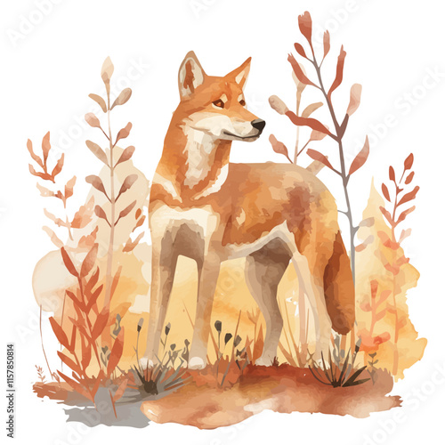 A watercolor vector of a dingo exploring a forest, isolated on a white background. Dingo vector.
