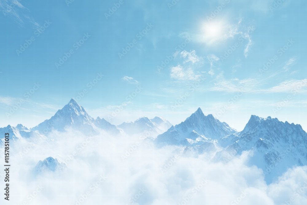 Majestic mountain peaks rise above clouds under bright sunshine in a serene landscape with ample copy space. Generative AI Majestic mountain peaks rise above clouds under bright sunshine in a serene landscape with ample copy space. Generative AI