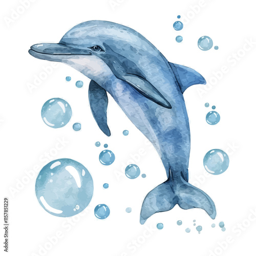 A watercolor vector of a dolphin playing with bubbles, isolated on a white background. Dolphin vector.
