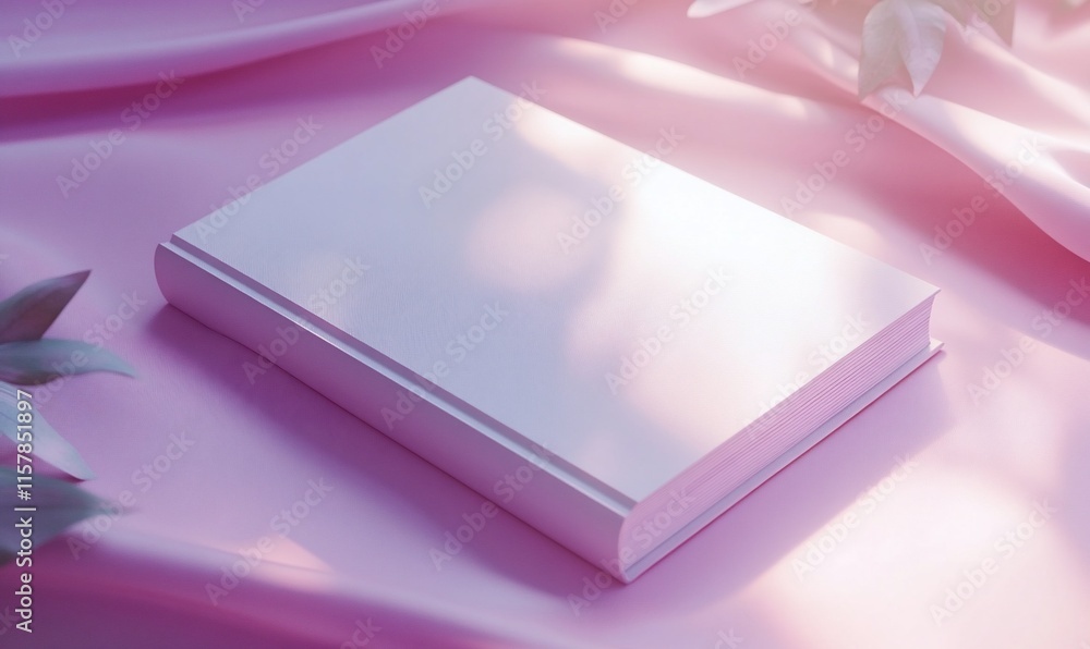 Blank book mockup on pink silk fabric with leaves. Blank book mockup on pink silk fabric with leaves.