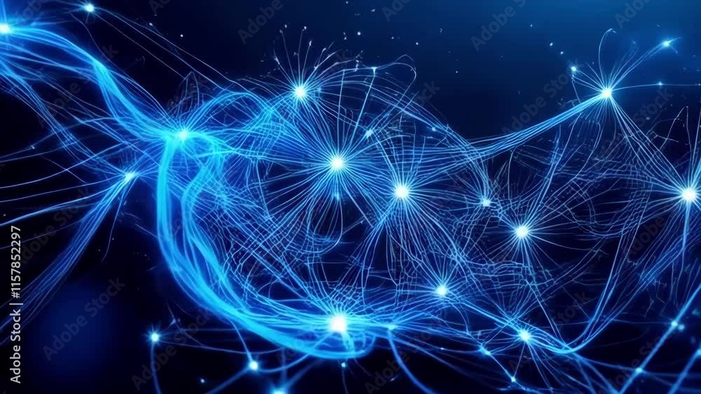 Abstract blue network of interconnected glowing lines with starburst nodes on dark background