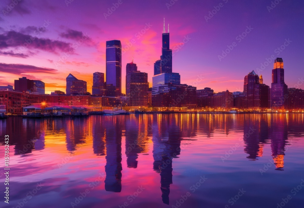 Obraz premium vibrant city skyline beautifully reflecting water during dusk illuminated buildings colorful sunset, architecture, cityscape, sunrise, urban, lights