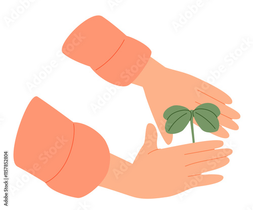 Leaf plant growing in earth, ground. Hand caring about green sprout, saving nature. Ecology, environment conservation.