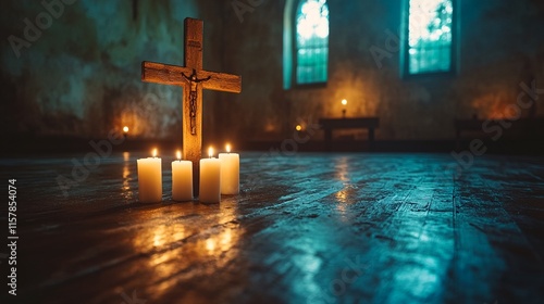 a dimly lit room with a wooden cross and candles on a table in front of a stone wall. photo