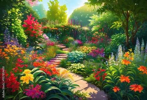 vibrant garden oasis featuring diverse native plants lush landscaping colorful blooms rich greens, flowers, variety, foliage, botanical, ecology, flora