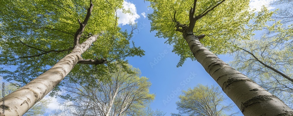 Fototapeta premium Im Wald filtert der Sonnenschein durch die grünen Baumkronen zu einem zauberhaften Anblick