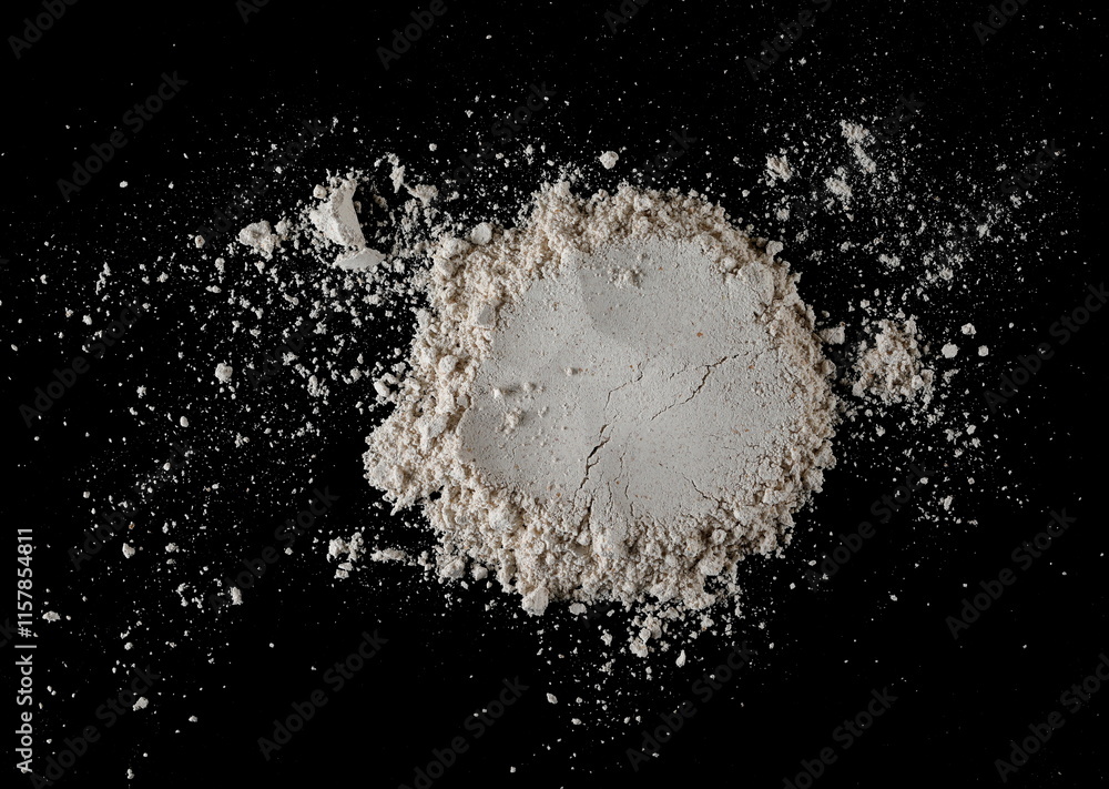 Integral spelt flour pile, isolated on black, top view Integral spelt flour pile, isolated on black, top view