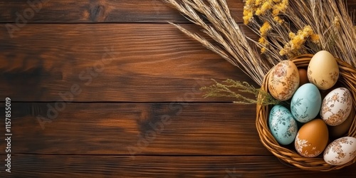 A collection of creatively decorated Easter eggs in a floweradorned basket on a rustic table, highlighting the joy and significance of Easter traditions that unite families and communities photo