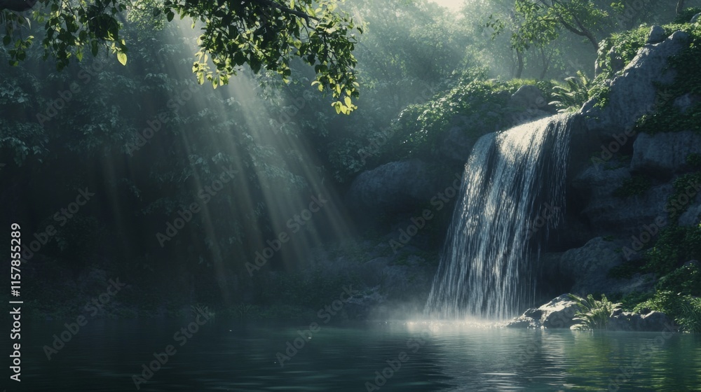 Serene Pond with Cascading Waterfalls in Misty Forest