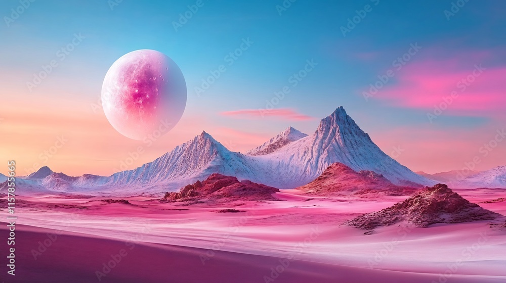 Fototapeta premium Dreamlike Pink Planet Landscape: Vibrant Digital Painting in a Surreal Style. AI Generated