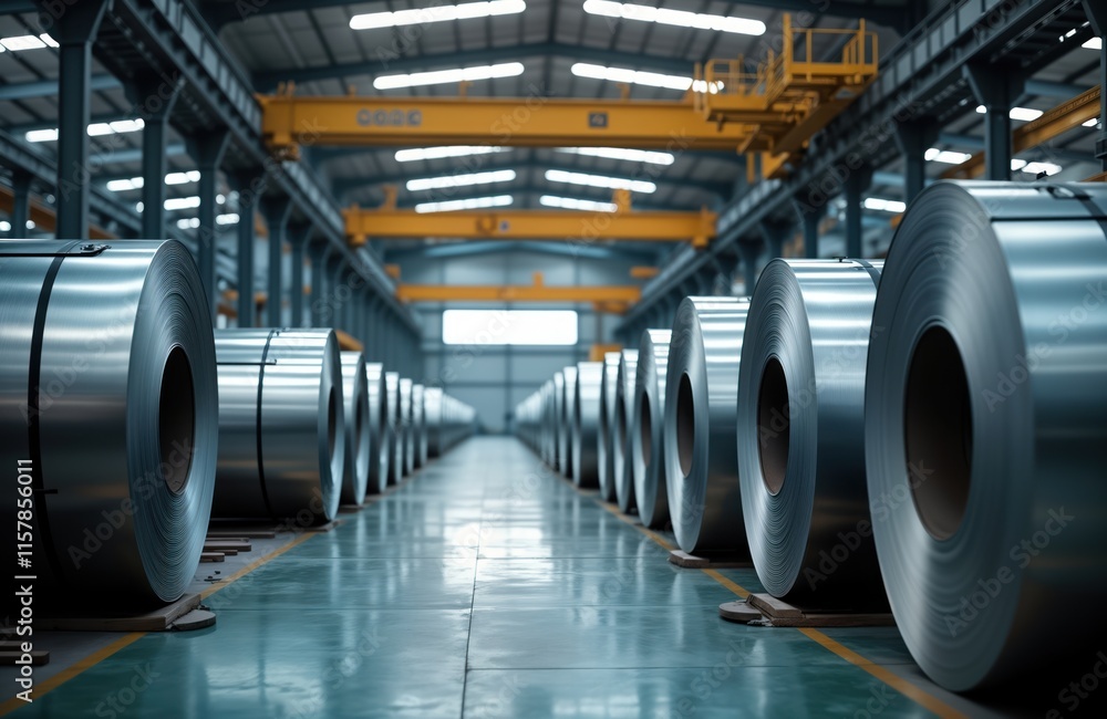 Many metal coils stacked neatly in warehouse. Industrial production of metal sheets. Heavy metal rolls arranged orderly inside modern facility. Industrial materials prepared for future usage. Metal Many metal coils stacked neatly in warehouse. Industrial production of metal sheets. Heavy metal rolls arranged orderly inside modern facility. Industrial materials prepared for future usage. Metal