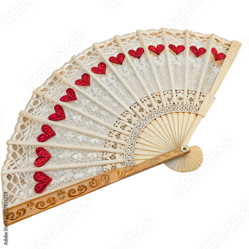 Decorative fan with white lace and red hearts on a wooden base, on a transparent background. photo