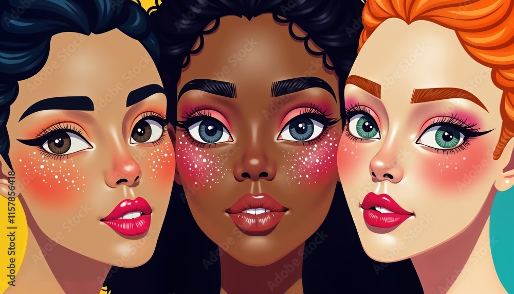 Fototapeta premium Three diverse women with vibrant colorful makeup look directly at camera. Diverse female friends pose together. Image captures trendy makeup looks. Stylish, chic portrait of women. Creative makeup