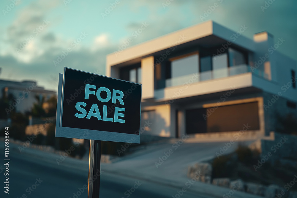 Obraz premium Modern house for sale. Large penthouse, villa, private house with “for sale” sign. Real estate, own home, real estate company advertising.