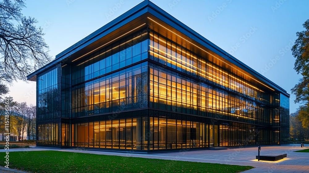 A modern office building with large glass windows and black metal frames, featuring a sleek design and illuminated interior. A modern office building with large glass windows and black metal frames, featuring a sleek design and illuminated interior.