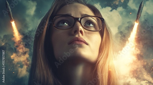 A woman wearing glasses looks up at two rockets launching into the sky. photo