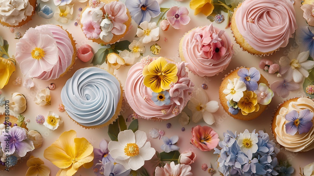 Floral cupcakes arranged with pastel frosting and edible flowers. Floral cupcakes arranged with pastel frosting and edible flowers.