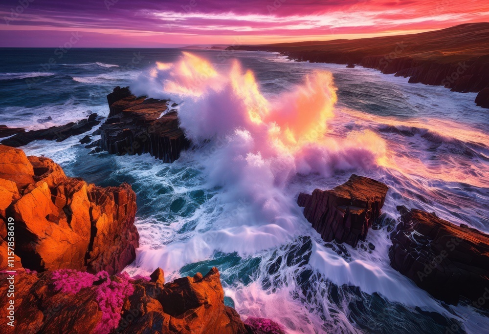 Naklejka premium dynamic coastal waves crashing rugged cliffs creating spectacular ocean views bold seascapes under vibrant sky, beach, coastline, surf, shore, shoreline