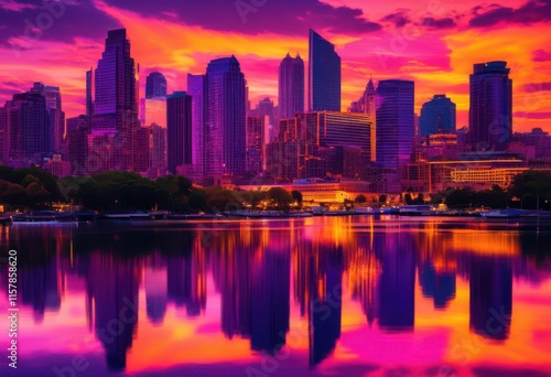 Wallpaper Mural vibrant city skyline reflected calm waters showcasing stunning architectural designs dramatic color transitions sunset, architecture, buildings, urban Torontodigital.ca