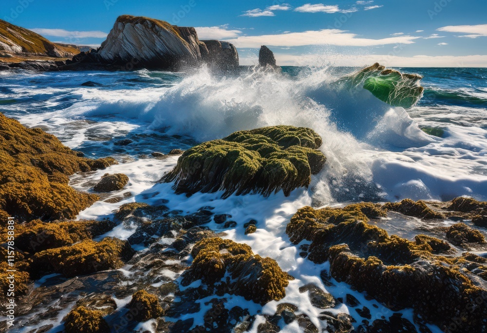 Obraz premium majestic waves crashing rugged rocky shoreline under bright blue sky unique coastal formations, aerial, beach, biodiversity, clouds, contrast, dynamics