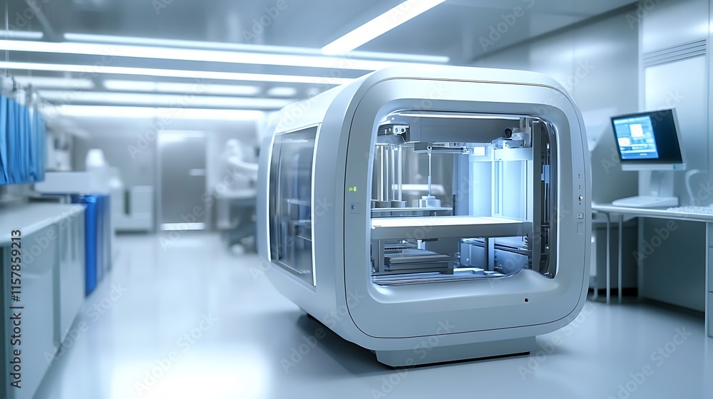 Obraz premium Futuristic Medical Device Operating Seamlessly in a Modern Lab: Wide Shot Photo. AI Generated
