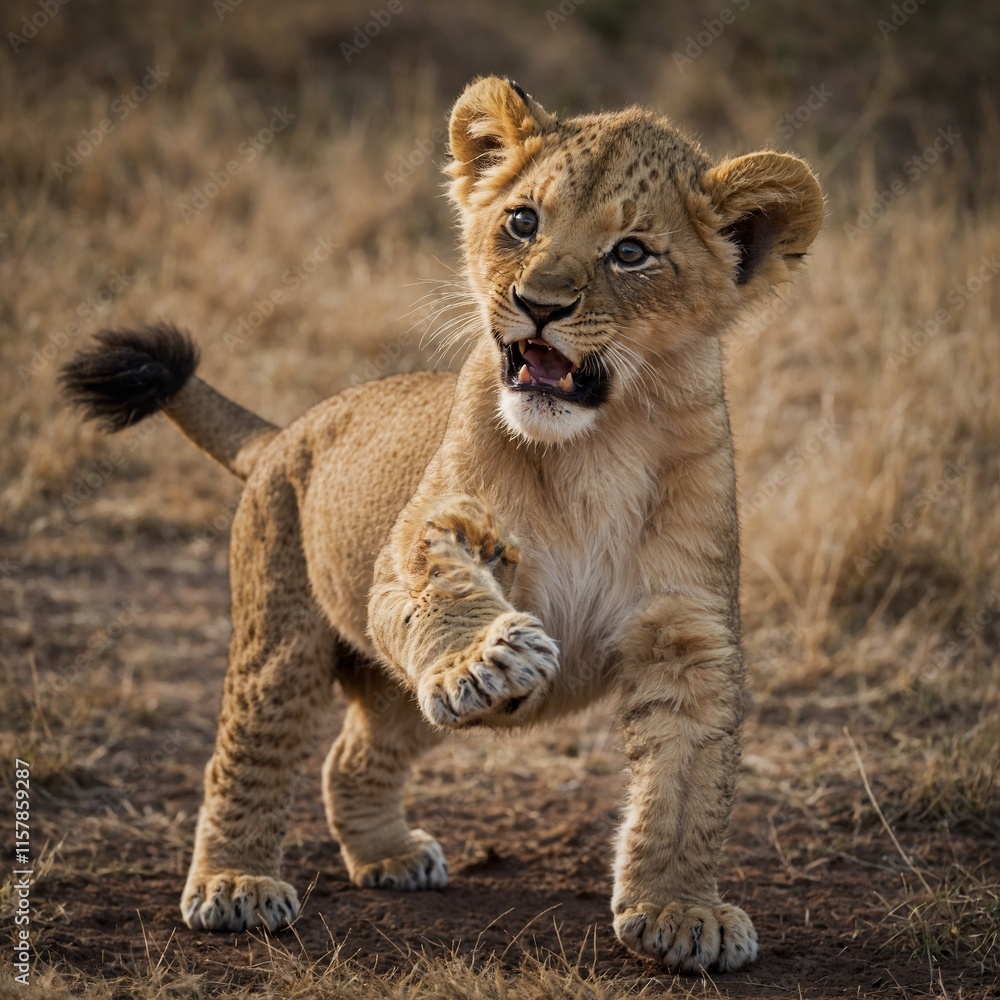 A lion cub playfully batting the air. A lion cub playfully batting the air.