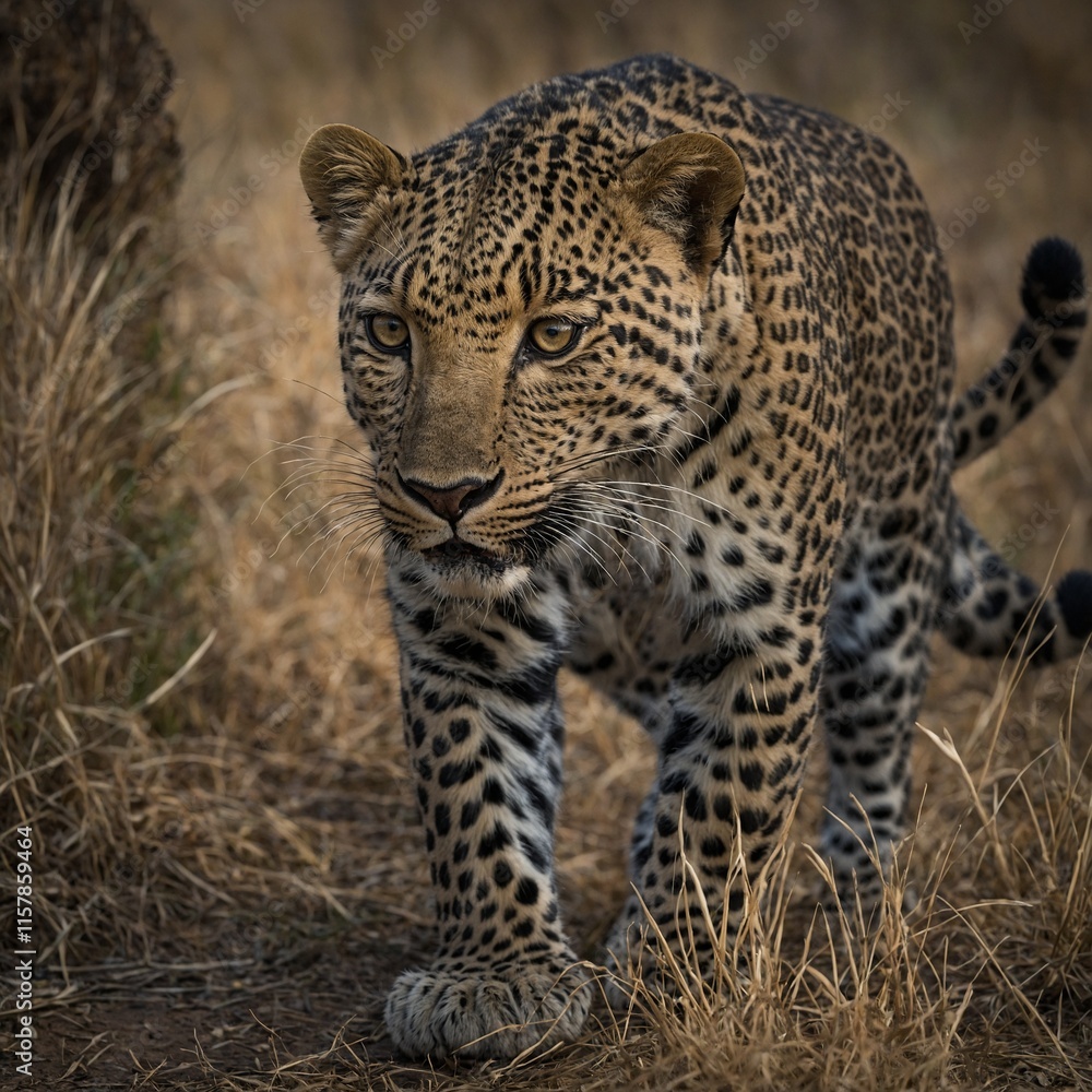 A leopard crouching, ready to pounce. A leopard crouching, ready to pounce.