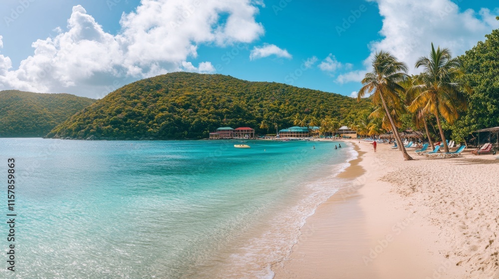 Naklejka premium Tropical Beach with Crystal Clear Waters and Palm Trees