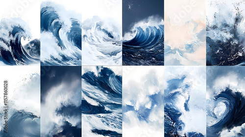 The images portray the beauty and power of water waves, each showing unique forms and movements. Thalassic. Illustration