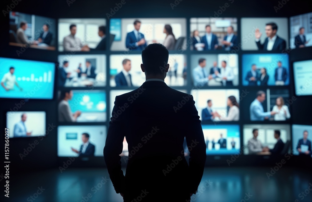 Businessman views multiple screens displaying various business meetings, presentations. Modern tech, virtual communication concept. Many people seen on displays. Corporate interaction, tech driven Businessman views multiple screens displaying various business meetings, presentations. Modern tech, virtual communication concept. Many people seen on displays. Corporate interaction, tech driven