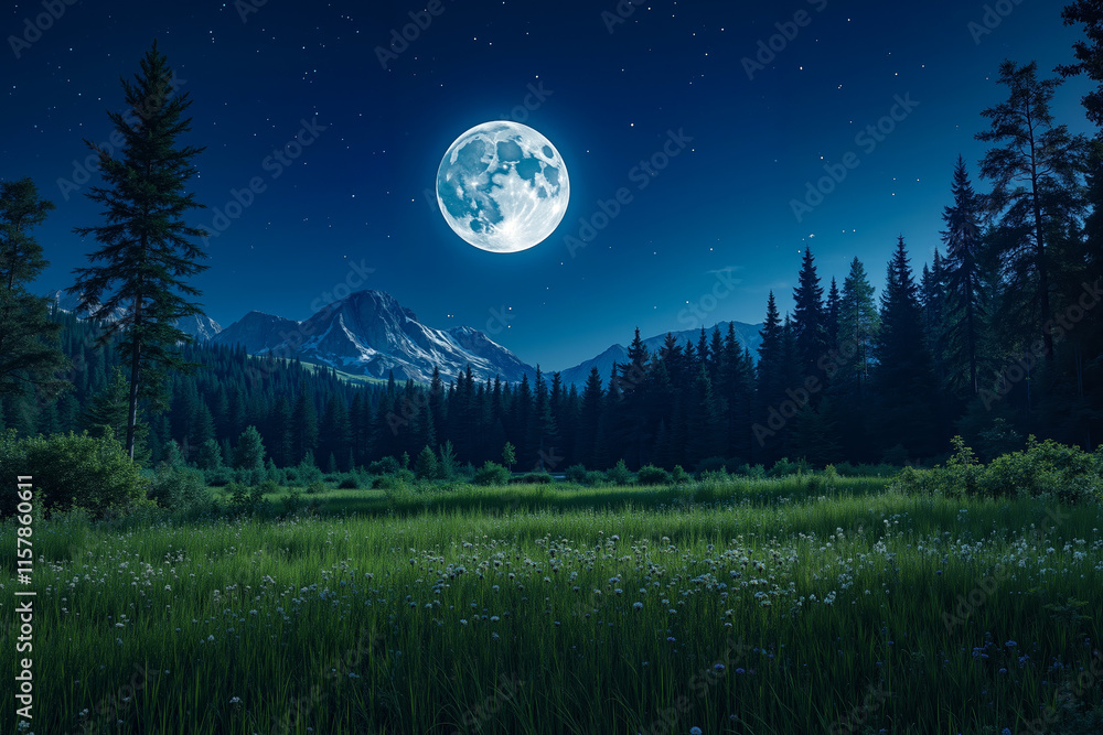 A full moon rises over a grassy field with trees and mountains in the background A full moon rises over a grassy field with trees and mountains in the background