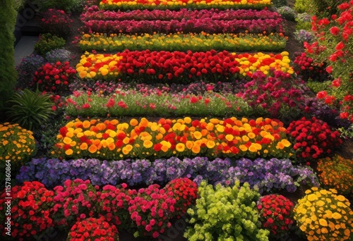 vibrant flower beds showcasing geometric landscaping patterns colorful blooms organized designs eye catching arrangements, blossom, petal, garden, plant photo