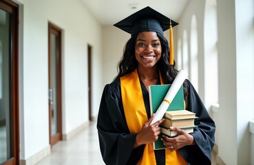 Smiling young African American woman in graduation gown holds diploma, books. Successful graduate poses in university hallway. Graduation ceremony, achievement, academic success. Proud student