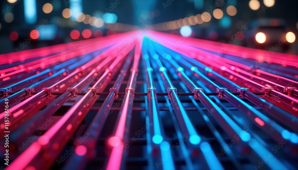 Modern tech network cable infrastructure with vibrant pink, blue LED lights. Close-up view shows organized tubes with connectors. Digital communication system. Innovative tech design. Excellent for Modern tech network cable infrastructure with vibrant pink, blue LED lights. Close-up view shows organized tubes with connectors. Digital communication system. Innovative tech design. Excellent for