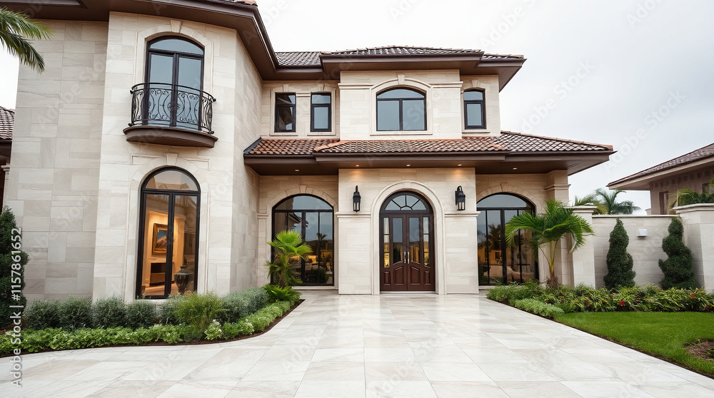 Beige Two-Story House with Arched Windows and Landscaping Beige Two-Story House with Arched Windows and Landscaping