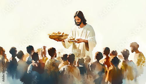 Jesus Feeding the Multitude: A Colorful Watercolor Illustration