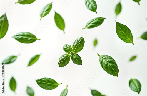 Fresh green basil leaves float in air against pure white background. Leaves look vibrant, organic. Studio shot. Dynamic image evokes natural freshness, purity. Perfect for ingredients product