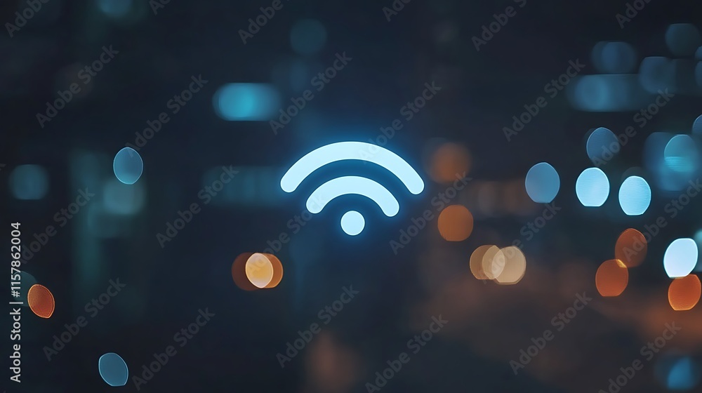 Obraz premium Glowing Wi-Fi Symbol Illuminates Night Cityscape: Digital Illustration. AI Generated
