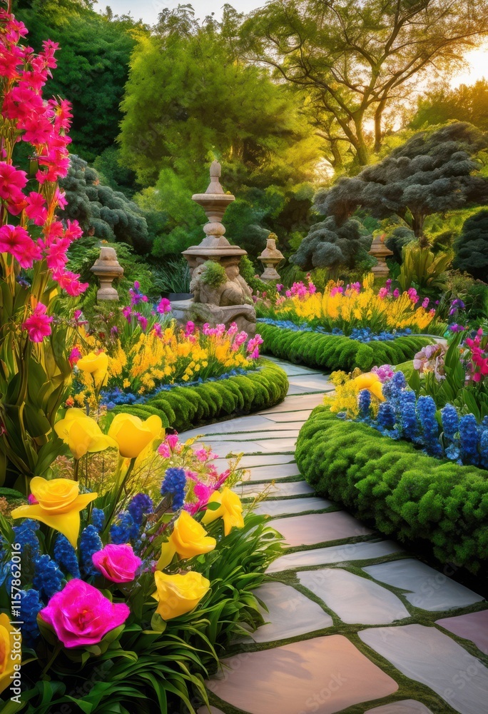 Fototapeta premium beautiful colorful flower arrangements showcased modern garden settings lush greenery attractive designs, bouquet, botanical, bloom, decoration, exhibition