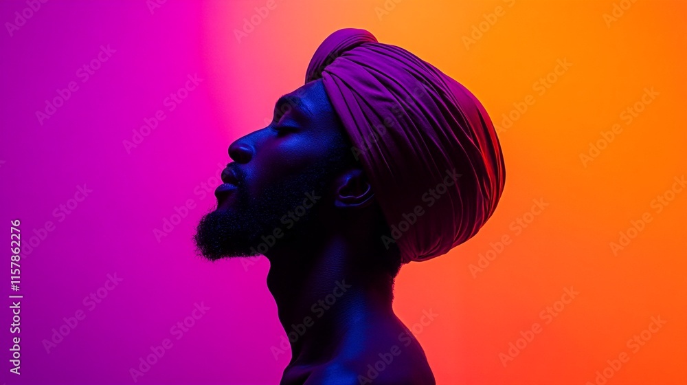 A Black man with his eyes closed and head tilted back, wearing a turban, is set against a vibrant gradient background. A Black man with his eyes closed and head tilted back, wearing a turban, is set against a vibrant gradient background.