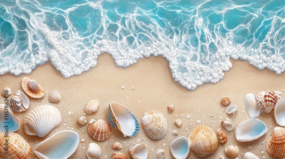 Gentle Waves and Seashells on Serene Beach Shoreline Gentle Waves and Seashells on Serene Beach Shoreline
