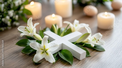 easter symbolism, easter cross adorned with lilies and candles represents the religious significance of the holiday photo