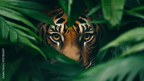 A close-up of a tiger hiding behind leaves. photo